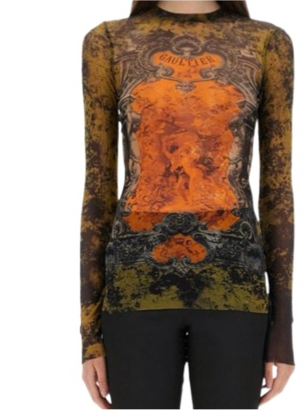 JEAN PAUL GAULTIER KHAKI BEIGE ORANGE MEDALLION MESH TOP SIZE SMALL NWT